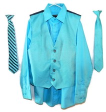 George Boy's Blue Gray Shirt/Vest/ 2 Clip-on Ties Set Large 10-12