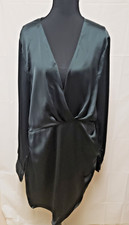 ZARA Midi Dress Dark Emerald Green Satin Ruched Long Sleeve Cocktail Sz XL NWOT