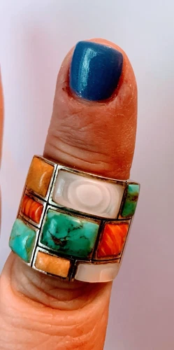 Vintage Multi Stone Turquoise Plus 3 Other Different Stones  925 Silver Sz 8 1/2