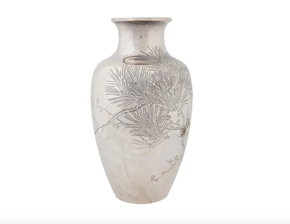 Antiguo Magnífico Jarrón Meiji Japonés Plata y Oro Flor de Cerezo - Firmado Foto 3 de 4