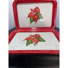 Vintage Red Anthurium Floral Metal TV Lap Trays Set of 2 Mid Century Retro