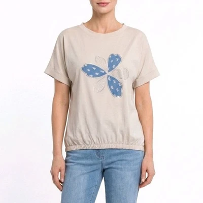 Damen T-Shirt  Italy Shirt Jersey Kurzarm Jeans Blume Casual Gr. 40 42 44 Beige - Bild 1 von 4
