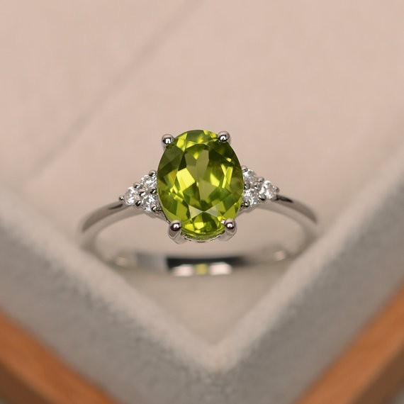 2.15 Ct Oval Cut Natural Peridot Diamond Engagement Ring 14K White Gold Size 7
