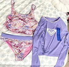 NEW Roxy Girls Swimsuit Purple Floral 3-Piece Set L 14/16