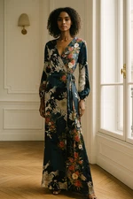 New Lulu's Put on a Smile Blue Floral Print Satin Wrap Maxi Dress Size Large nwt