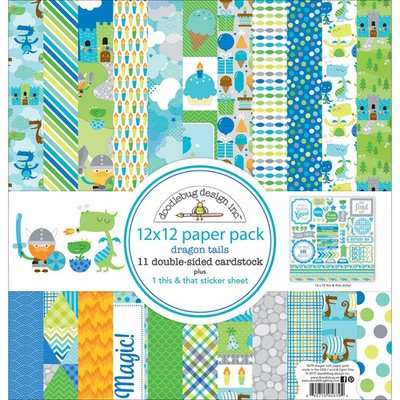 Doodlebug Paper Pad Karten Scrapbooking 12x12 Dragon Tails Scrap & Stempelset