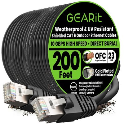 GEARit Cat6 Outdoor Ethernet Cable (200ft) 23AWG Pure Copper, FTP, LLDPE, Wat...