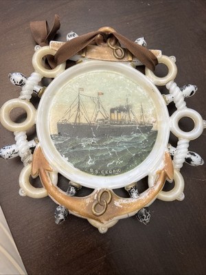 Vintage milk glass ''ribbon plate'' souvenir liner S.S. Cedric, White Star Line