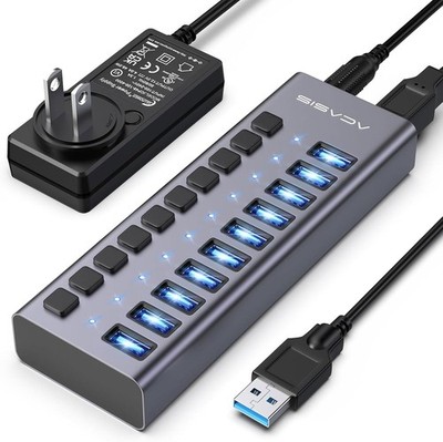 Acasis 10Gbps USB 3.2 Hub 10 Port On/Off Switch with AC Power Adapter for Laptop
