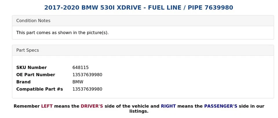 2017-2020 BMW 530I XDRIVE - FUEL LINE / PIPE 7639980 - Image 3 of 4