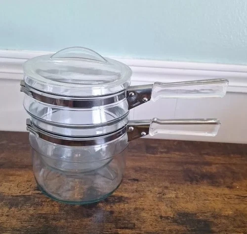 Pyrex Flameware Double Boiler 6763 U & L Upper And Lower With Lid Glass Pot VTG