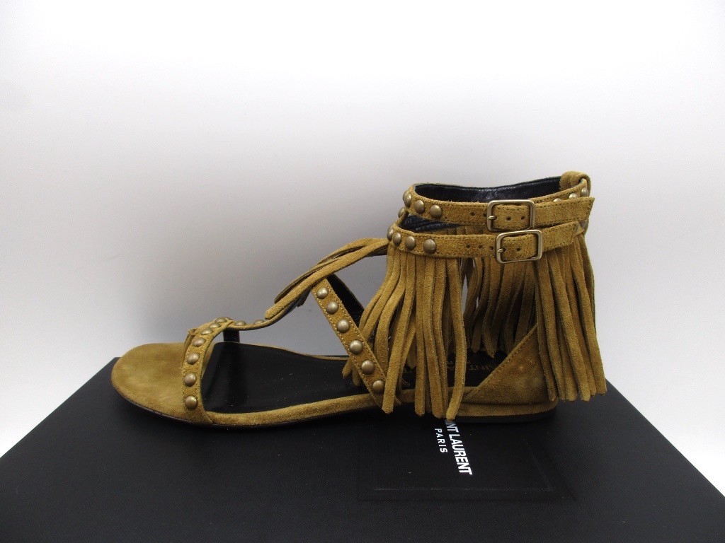 Sandali gladiatore piatti Saint Laurent Nu Pieds 10 borchie con borchie frange 35 5