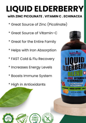 Liquid Elderberry Blend: Zinc, Echinacea & Vitamin C By Natural Herbal Lab 16oz