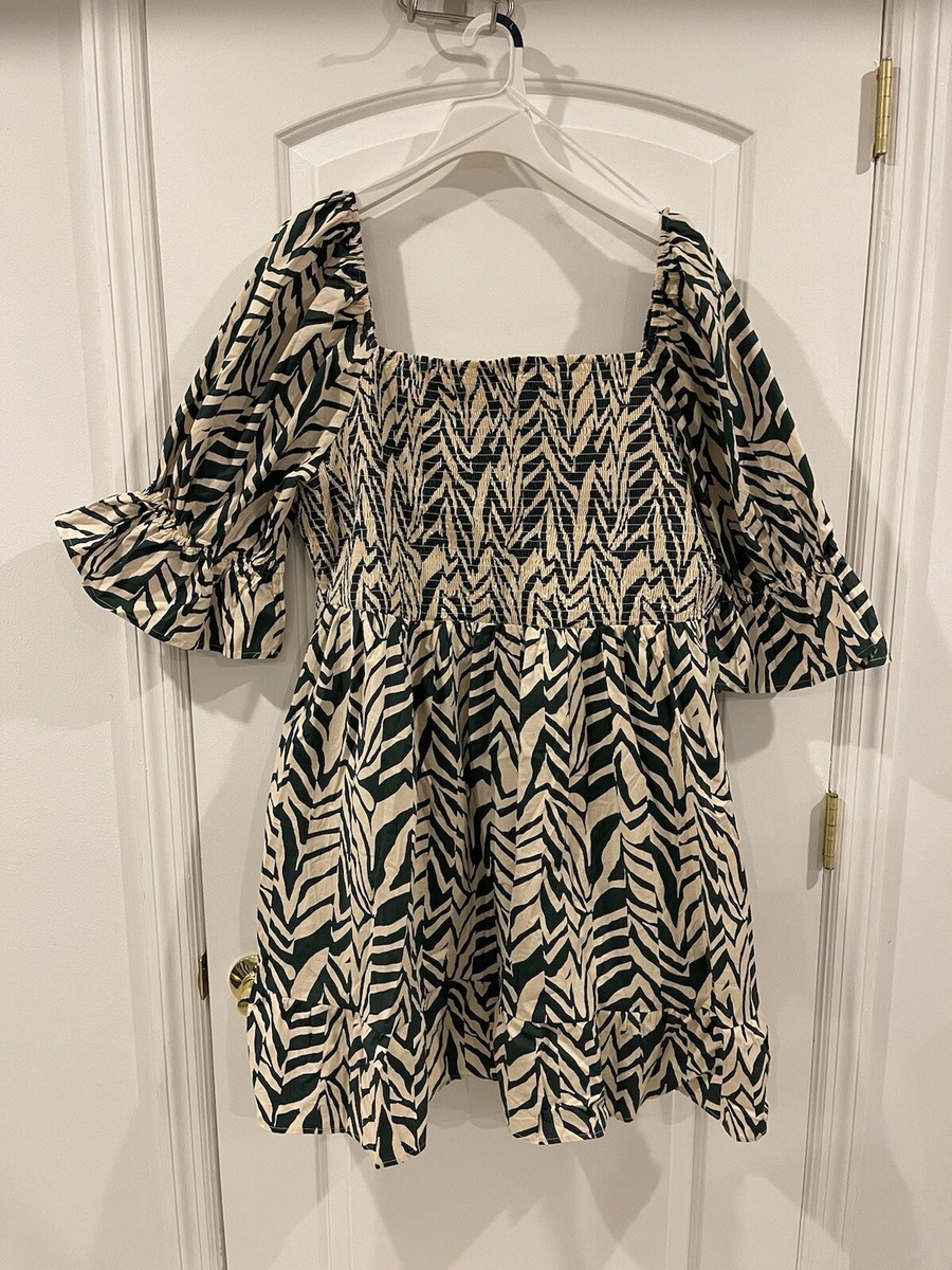 Eloquii Plus 28 Beige Green Print Smocked Cotton Blend Dress On/Off  Shoulder | eBay