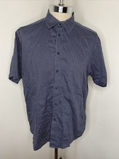Ted Baker Shirt Mens 6 XL Blue White Diamond Button Front Short Sleeve Collared