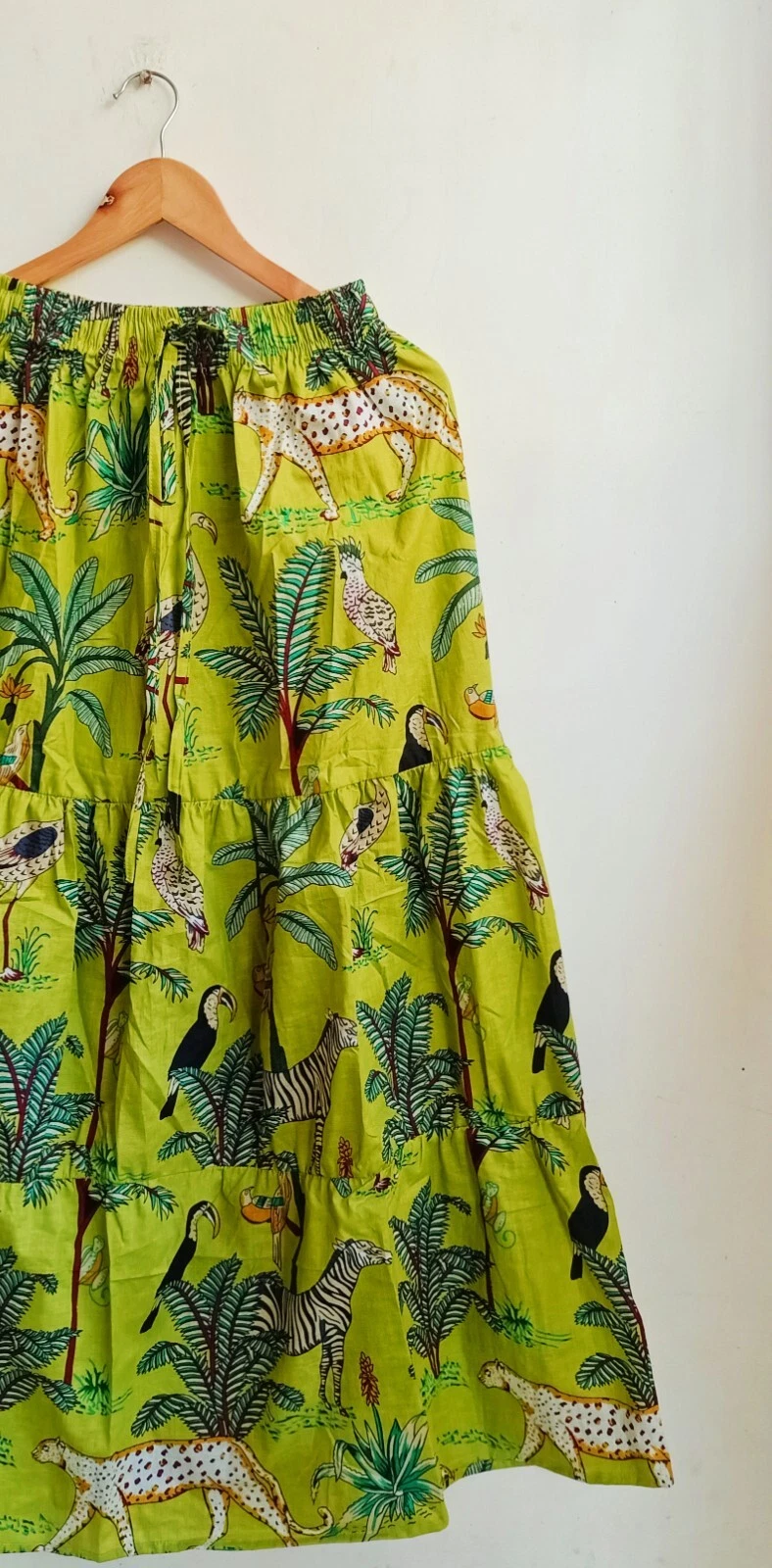 Indian Green Tiger Print Frill Skirt Cotton Skirt Long Skirt Free Size Beachwear