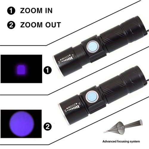 Tragbare UV Taschenlampe Zoombar Ultraviolett USB Wiederaufladbare LED Taschenlampe 3 Modi - Bild 8 von 10