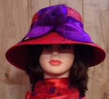 Ladies Red Straw Hat w/Purple Satin Hatband & Feather Accents (One Size)