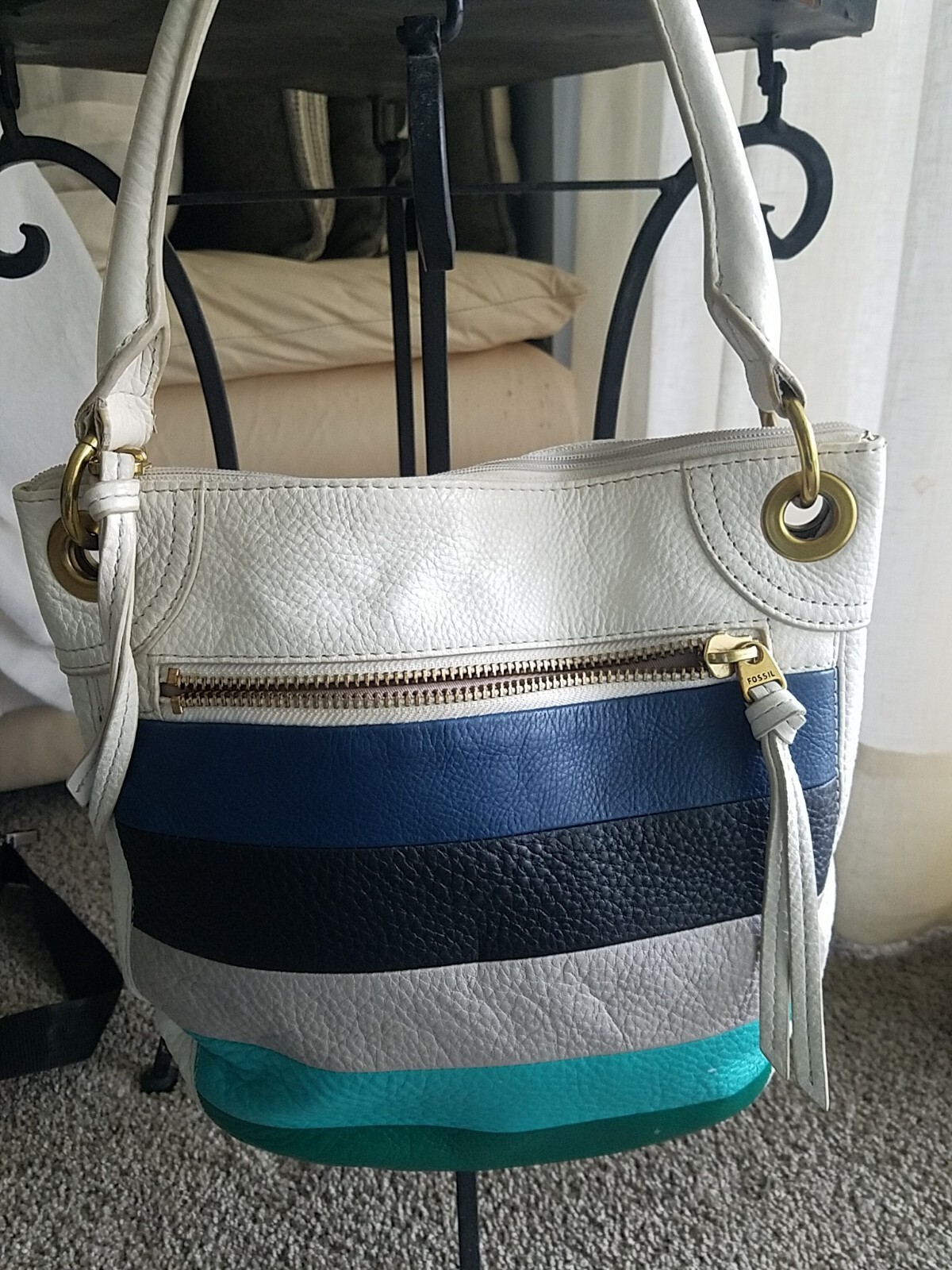 FOSSIL COLOR BLOCK LEATHER Blues & Green BAG excellent condition