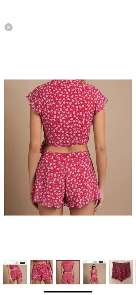 Tobi floral print ruffle shorts hi rise red medium festival concert travel pinup - Image 4 of 4