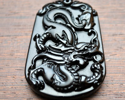 Obsidian Drache Jade-Anhänger mit 65cm Halskette 4,5x3cm 40g Amulett TOP