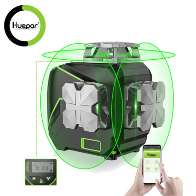 HUEPAR LCD Display Cross Line Laser Level Green Beam Bluetooth Remote Control