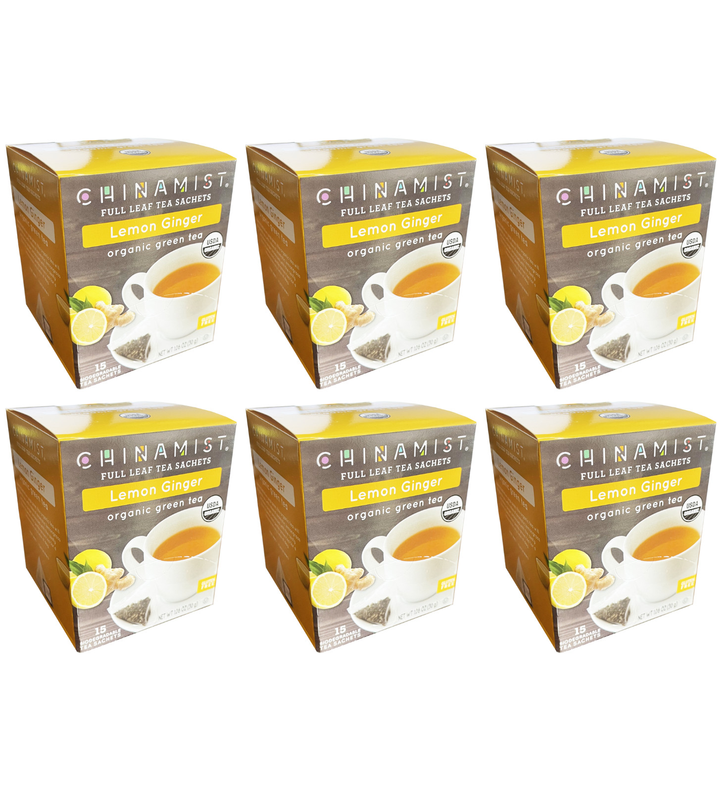 China Mist Organic Green Tea, Lemon Ginger, 6/15 count boxes