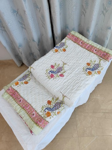 Quilt, Peacock Hand Block Print 100% Pure Cotton Cloth Quilted Throw Blanket - Foto 5 di 11