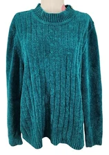 Women's Alfred Dunner Green Chenille Sweater Large Buttons on Shoulder Acrylic