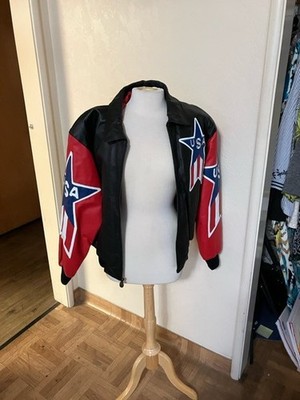 Vintage Michael Hoban Where Am I USA flag leather bomber jacket