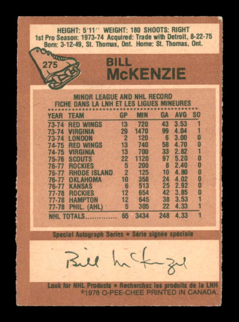 1978 O-Pee-Chee #275 Bill McKenzie   EX/EX+ X3539638