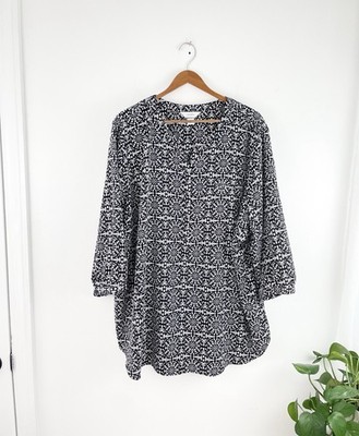 CJ Banks 3X Black White Floral 3/4 Sleeve Blouse Top Women s Plus 3X