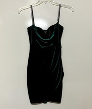 J. Roberts Velvet Bodycon Mini Dress Women's S Green Cowl Neck Ruched Rhinestone