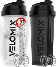 VELOMIX -2 Pack- 45 oz Protein Shaker Bottles for Protein Mixes - 2x Wire Whi...