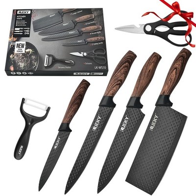 6PCS Set Kitchen Chef Knife Set Cleaver Santoku Kitchen Scissors & Peeler