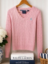 VTG 90's Ralph Lauren Polo Pink Cable Knit V-Neck Logo Preppy Sweater Flaw XS
