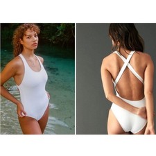 Andie Swim The Tulum One Piece Swimsuit White Ribbed Size Medium NWT