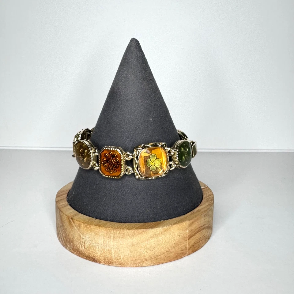 Brazalete Vintage Liz Claiborne Panel Eslabón Esmalte Flores Verde Naranja Tono Dorado Foto 2 de 4