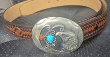 Native American Style Silver Tone Eagle Turquoise Coral Buckle Belt 40 Vintage