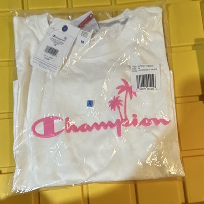Champion White Pink Cotton Jersey Crew Neck Short Sleeve Cropped Logo Tee M