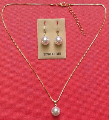 Ohrringe Perlen Ohrhänger + Perlenkette Handarbeit gold Set Muschelkernperle NEU