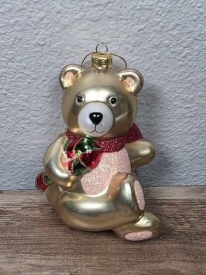 Fitz & Floyd Teddys Christmas Teddy Bear Candy Cane Ornament Blown Mercury Glass