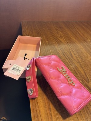 Juicy Couture Pink Quilted Zip-Around Wallet Wristlet Strap Logo Heart