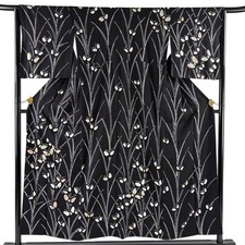 Japanese Silk Houmongi Kimono M 151cm Black Butterfly Leaf pattern Excellent 386