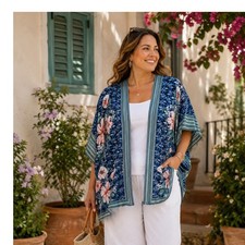 Max Studio Size 2X Kimono Blue White tropical kinono