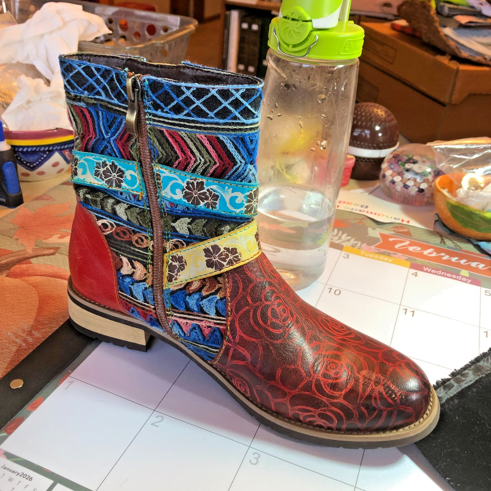 Boho Embroidered Patchwork Leather Ankle Boots Fl… - image 2