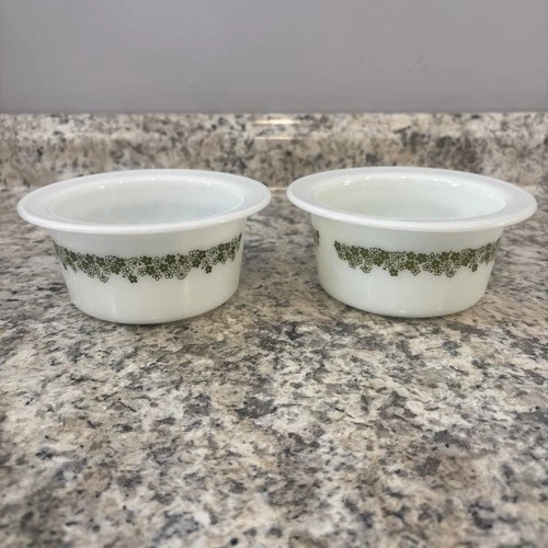 2 Vintage Pyrex #75 Spring Blossom Crazy Daisy Green Butter Tub Bowl Mini Bertha