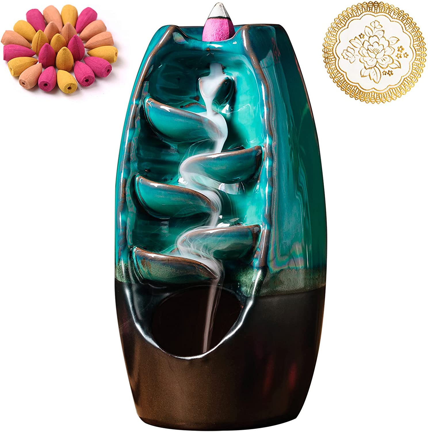 Ceramic Incense Burner with 100 Upgraded Cones, Waterfall Backflow Incense Holde