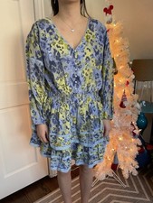 NEW Aerie Rock n Ruffle Animal Print Mini Dress Sz L Blue Green Long Sleeve NWT