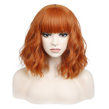 Short Dark Orange Wig with Bangs Women Short Curly Wavy Bob Wig Shoulder Length
